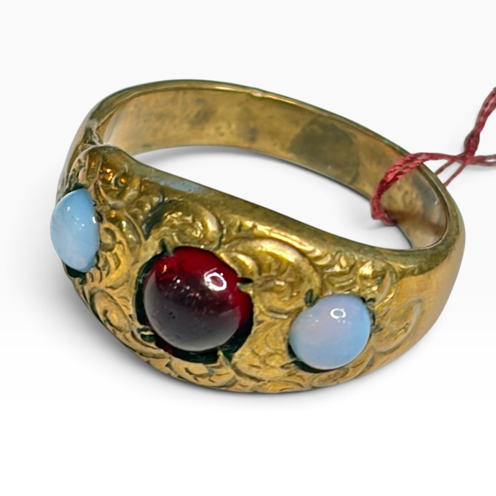 Antique Victorian Scrollwork Band Ring Gold Tone Red Blue Cabochon Size 9.5